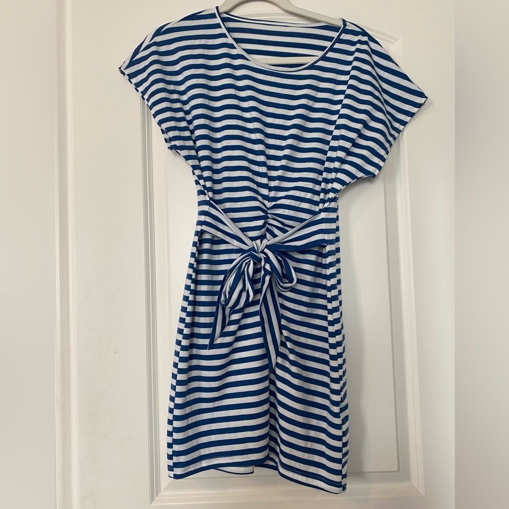 Nautical blue and white striped front tie dress large Shein